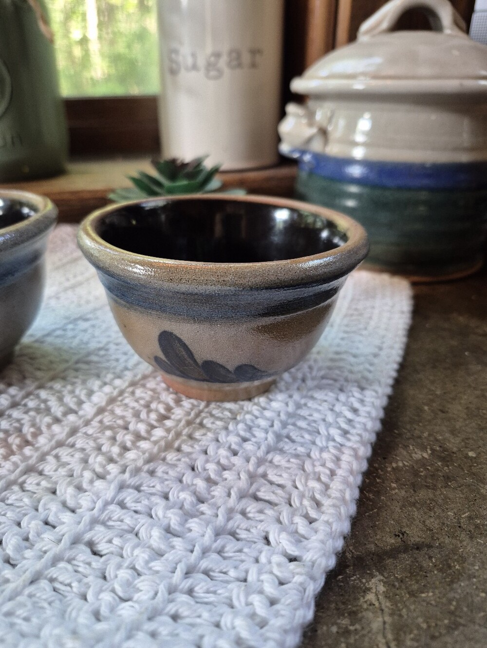 2pc. Vintage 1987 Rowe Pottery Works Blue Salt-Glazed Small Stoneware Bowls 4.5" - Picture 2 of 12